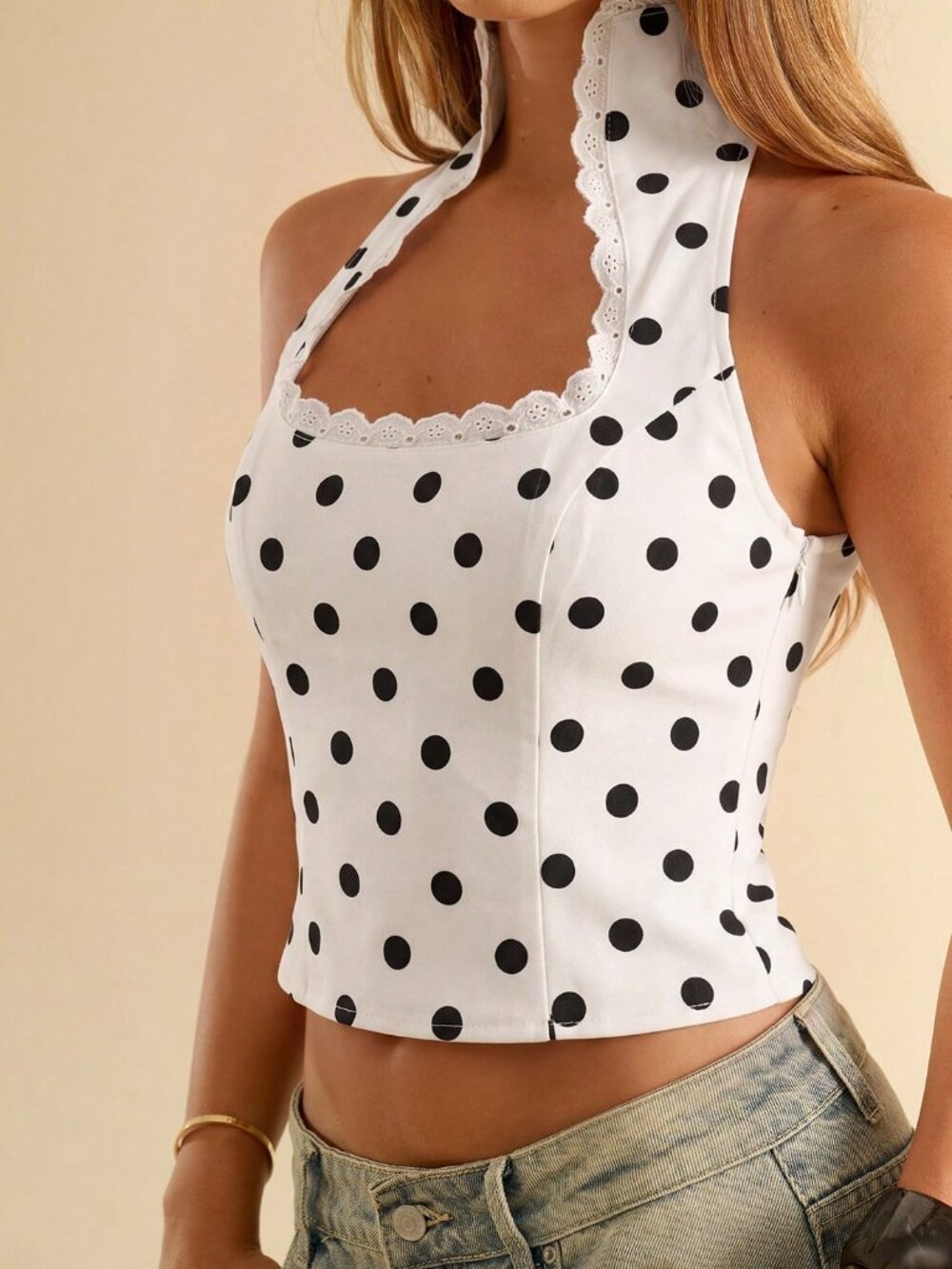 White Casual Women's Polka Dot Sleeveless Square Neck Lace Trim Fitted Top - Picture 6 of 8